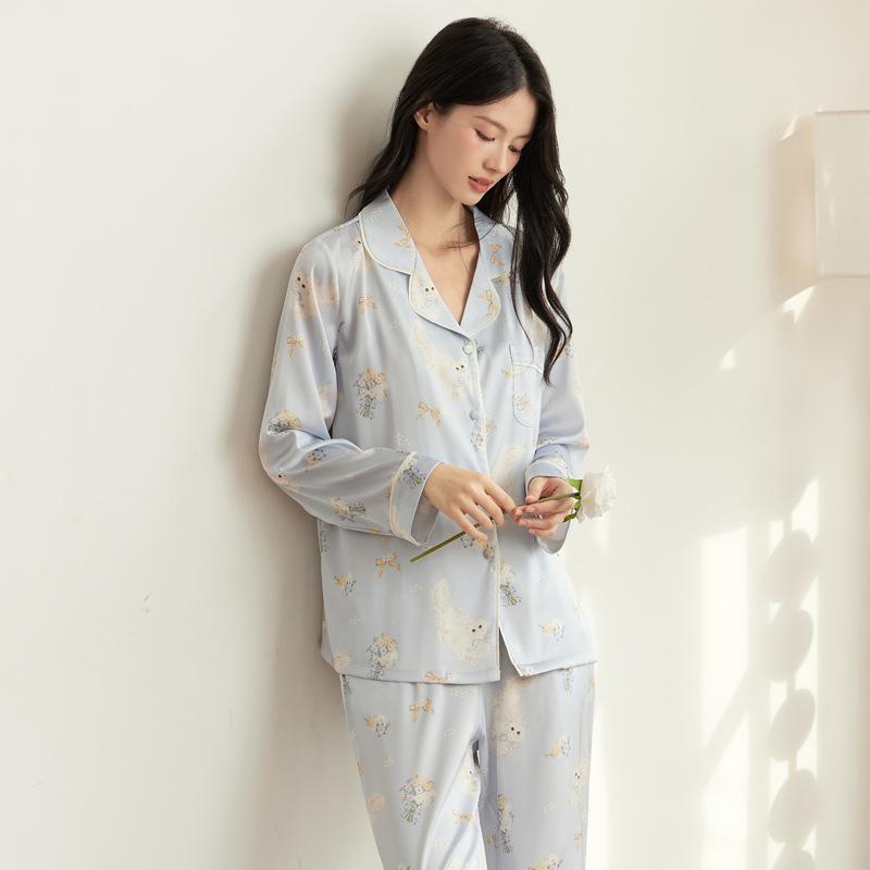 パジャマ レディース 春夏 長袖 セット かわいい プリント 接触冷感 薄手 ポリエステル 伸縮性 涼爽 快適 ホームウェア ルームウェア 寝間着 インナー 浅ブルー 杏色 ピンク フリル ターンカラ ロングパンツ ゆったり 日常使い 外出可能