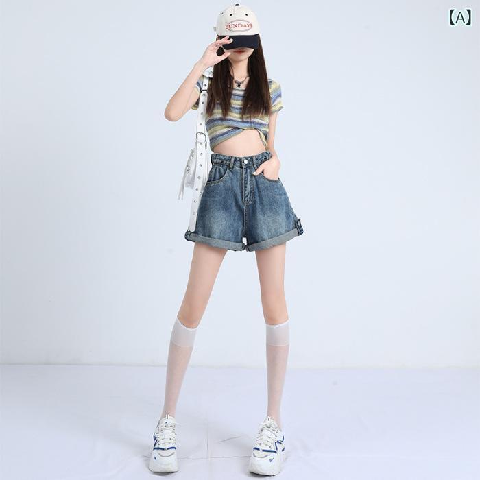 デニム ショートパンツ 女性用 春夏 ハイウエスト Aライン フレア 切り替え ロールアップ 伸縮性 綿素材 軽量 ミディアム厚 ルーズフィット ブルー ピンク系 普段使い カジュアル 韓国風 トレンド 4,405円