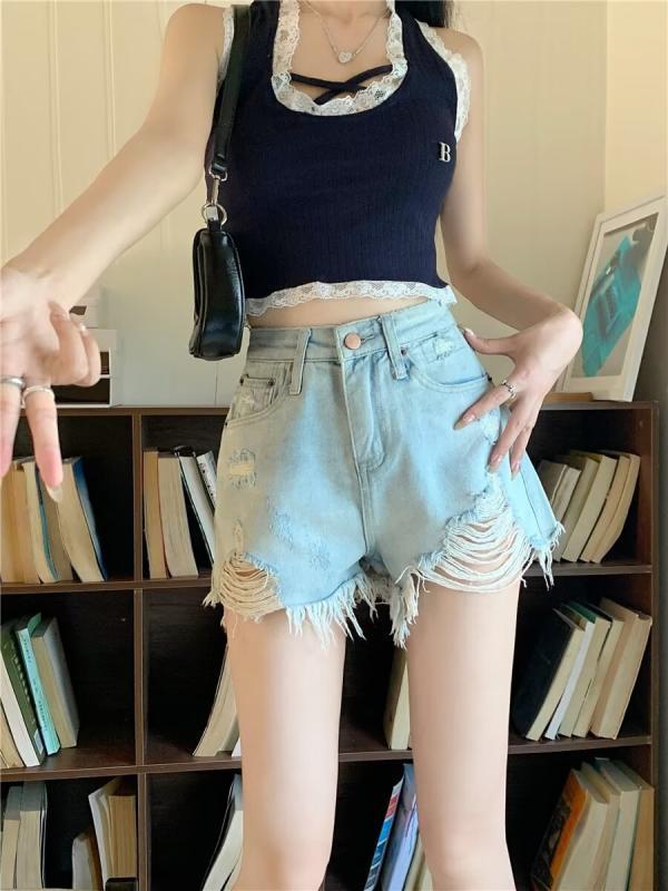 レディース ショーツ デニム ショートパンツ 高腰 ハイウエスト 夏 春夏 韓国風 ワイドレッグ ルーズ ビッグシルエット スリム すっきり フレンジ タッセル ホットパンツ 破れ ダメージ 外履き Aライン ワイドパンツ 綿 コットン 薄手 軽量 ボタ