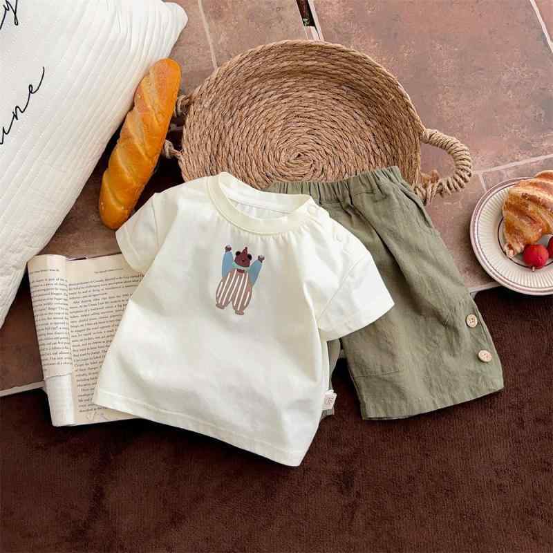 ベビー 男の子 女の子 夏用 薄手 綿混紡 条紋 短袖 Tシャツ かわいい キャラクタープリント セット 純色 ショートパンツ 柔らかい 素材 動きやすい 普段使い 73cm 80cm 90cm 100cm 対応