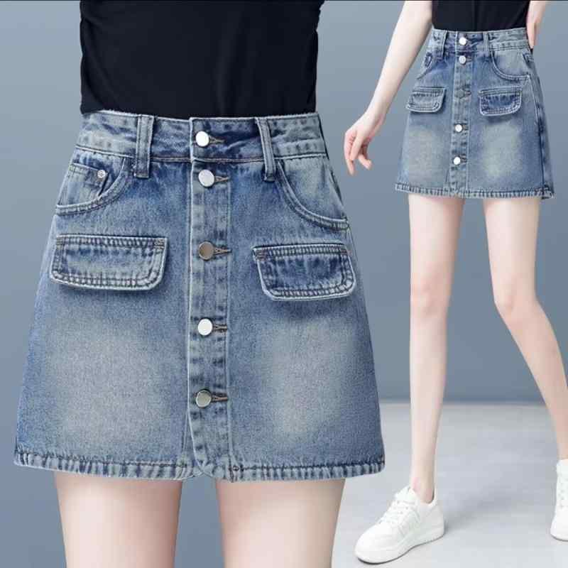 半身裙 女性用 ハイウエスト デニム ショートスカート 包臀 スカートパンツ 春夏 都市風 通勤用 普段使い コットン 素材 牛仔布 ボタン 装飾 ビーズ 光沢 純色 ブルー ブラック スリム 効果 伸縮性 軽量 小柄 対応 韓国風 カジュアル スタイル