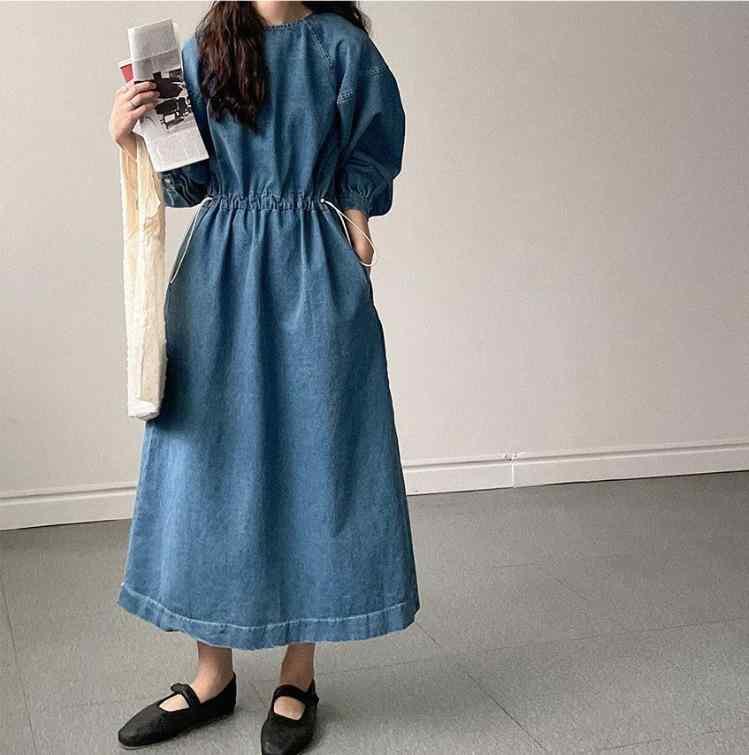 ワンピース レディース 春夏 韓国風 ビンテージ ルーズフィット ラウンドネック ドローストリング ウエストシェイプ フレアシルエット デニム風 ミッドレングス プリンセススリーブ セブンスリーブ PVC素材 切り替えデザイン 軽量 通勤 普段使い カジ