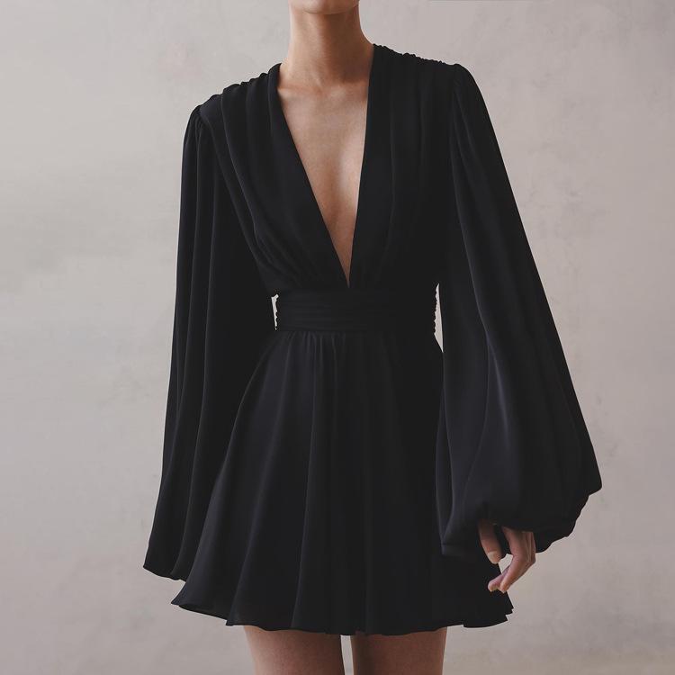 ワンピース 女性用 春夏 フレンチスタイル 泡泡袖 ハイウエスト Vネック セクシー 収腰 ブラック 短め Aライン ロングスリーブ 切り替え プリーツ ポリエステル 軽量 通勤 普段使い かわいい ビッグシルエット 伸縮性 吸湿速乾 高級感 カジュアル