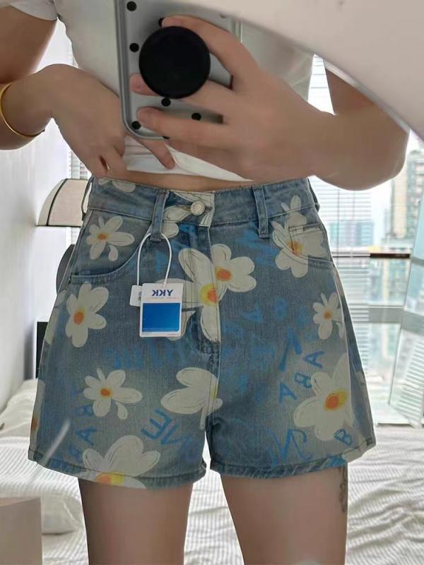 デニム ショートパンツ 女性用 夏 高腰 薄手 綿 ポリエステル デニム生地 気質 通勤 快適 休? ボタン デザイン スタイリッシュ スリム フィット ブルー ホットパンツ ハイウエスト 膝上丈 軽量 伸縮性 吸湿速乾