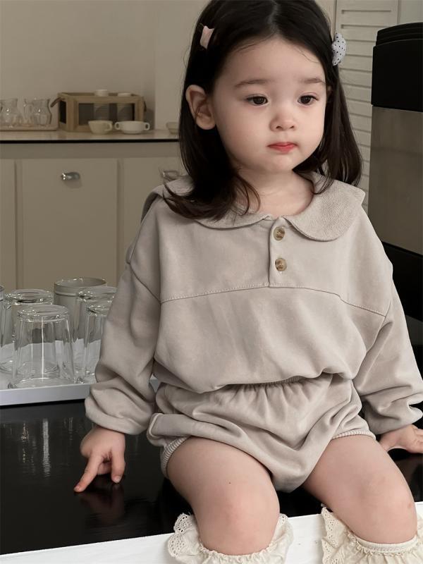 キッズ 男女兼用 秋冬 綿 長袖 トップス ショートパンツ セット 柔らかい素材 純色 ベビー服 1歳から3歳 73cmから100cm 普通厚み セットアップ かわいい 日常着 快適 通園用 カジュアル 春秋対応 ベーシックカラー かき色 杏色
