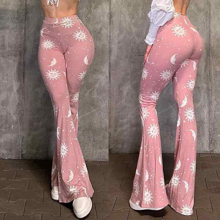 レディース 秋冬 ピンク系 抽象プリント スリムフィット フレアパンツ 脚長効果 低腰 長ズボン ポリエステル スパンデックス 中厚手 伸縮性 ヨガパンツ 日常使い クロップド丈 ゆったりシルエット 気質エレガント 御姐スタイル カジュアルパンツ 百搭コ