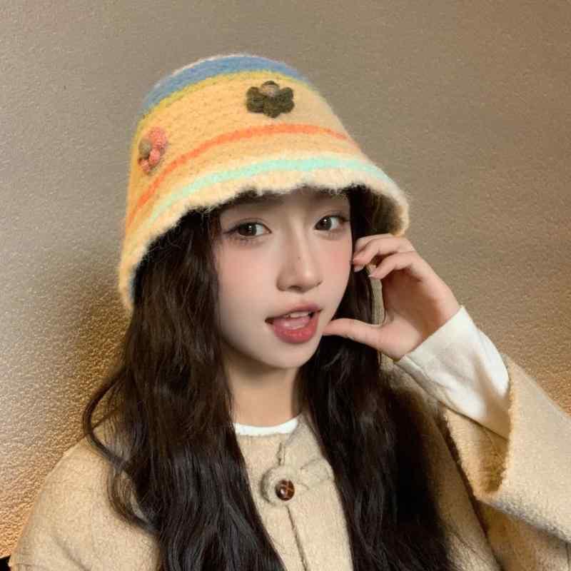 ニット 帽子 秋冬 保暖 防風 フィッシャーマン ハット 女性用 かわいい 甘め 韓国風 毛糸 手編み風 ビッグシルエット 丸型 短檐 ミックスカラー グリーン ベージュ オレンジ グレー 軽量 ポリエステル 混紡 日常使い アウトドア 暖かみ 復古 風