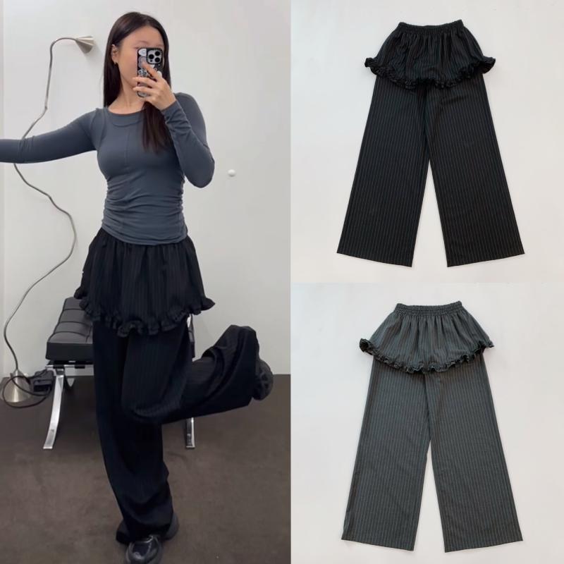 レディース 直筒パンツ スカートパンツ 切り替え 花柄レース 黒 グレー 条紋 ポリエステル 夏 春夏 通勤 普段使い 軽量 ミッドライズ ロング丈 カジュアル 韓国風 シンプル フェミニン