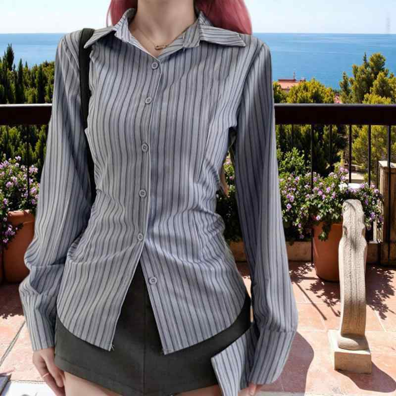 レディース 長袖 シャツ トップス ブルー 条紋 切り替え 修身 ウエスト 収縮 スリム フィット 私服 スタイル 純欲 風 セクシー 涼感 ポリエステル 繊維 吸湿 速乾 軽量 通勤 普段使い 秋冬 シーズン