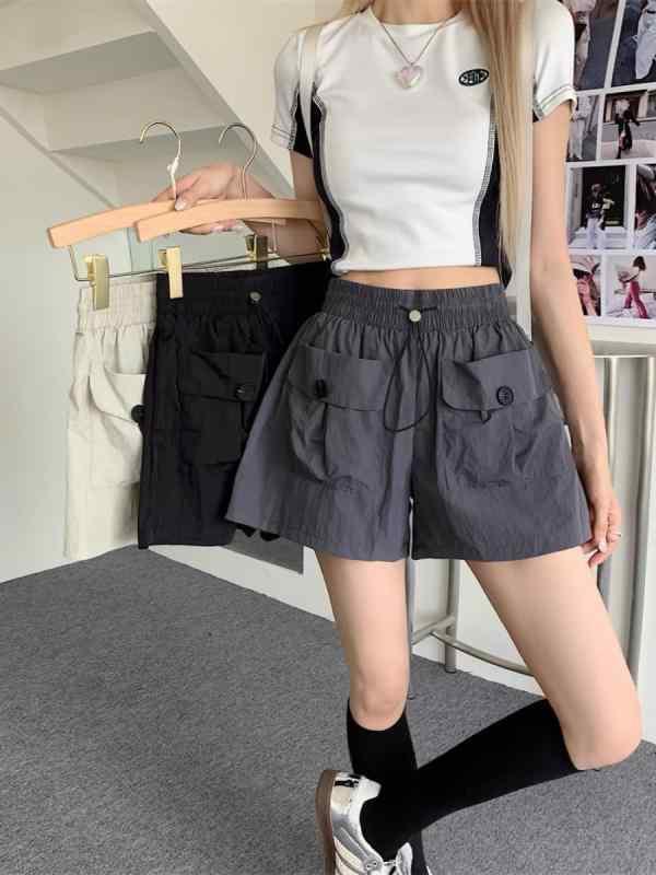 レディース ショートパンツ 夏用 薄手 ?? ポリエステル 混紡 ストレッチ 中弾力 松緊腰 直筒 3分丈 大きいサイズ S M L XL XXL XXXL XXXXL 深灰 カーキ ブラック 日韓 スタイル 快適 休閑 切り替え デザイン 軽量 通勤