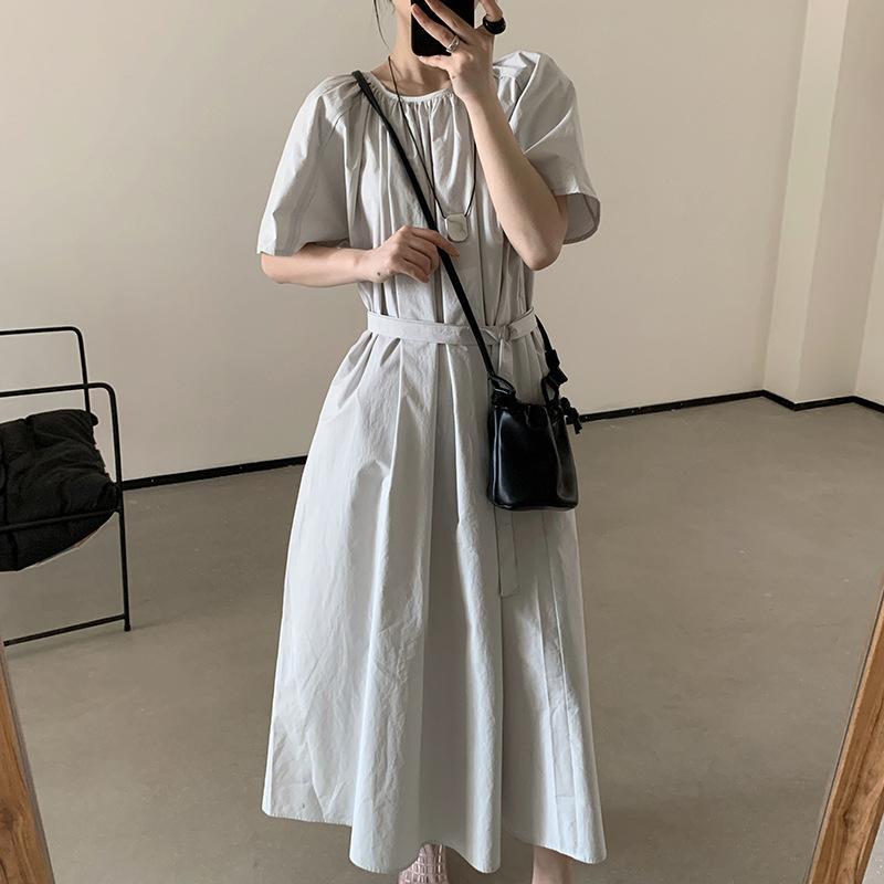 ワンピース 女性用 韓国風 夏 ロングドレス 丸首 フリル袖 気品 スリム コットン 無地 Aライン ゆったり腰 切り替え 深紺 短袖 セットオン シンプル ファッション 軽量 吸湿速乾 普段使い 通勤 通学 かわいい 知性 復古