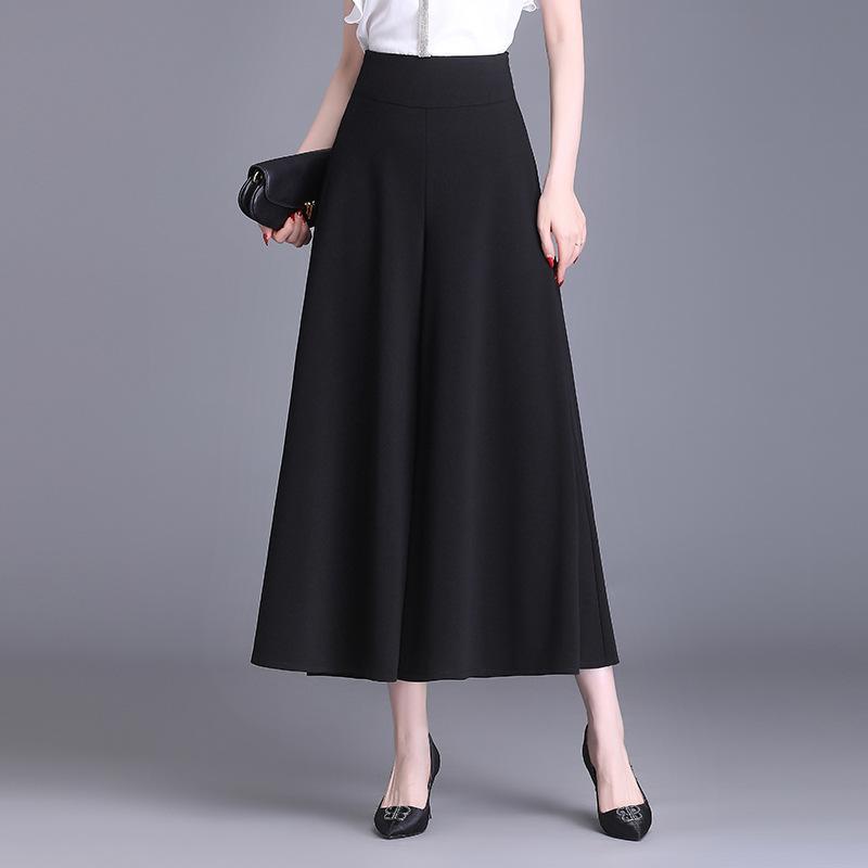 ワイドパンツ レディース 秋冬 通勤用 スカートパンツ 高腰 九分丈 ワイドレッグ ラッパ型 ゆったりシルエット スリム効果 ポケット付き 切り替えデザイン ポリエステル素材 微弾性 中厚手 ブラック ブラウン レッド カジュアルスタイル 普段使い 軽量