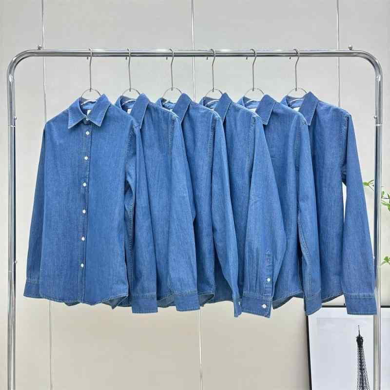 レディース シャツ トップス 綿 牛仔布 コットン デニム 長袖 POLO領 刺繍 刺繍デザイン 単排多扣 ボタン 基本款 基本スタイル 普通丈 50cmから65cm 純色 無地 ブルー 色 日常使い 日韓風 韓国スタイル 日常カジュアル 軽量 通勤対応