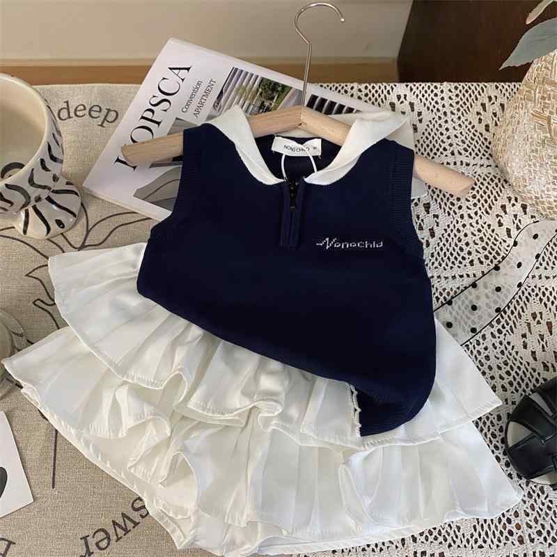 女児 春夏 トップス スカートパンツ セット 女の子 子供服 韓国風 無袖 ネイビー ホワイト 綿素材 薄手 柔らかい 百褶 スカート ショートパンツ 組み合わせ 3-8歳 100-140cm 通気性 軽量 純色 シンプル 日常使い 遊び着 かわいい シ