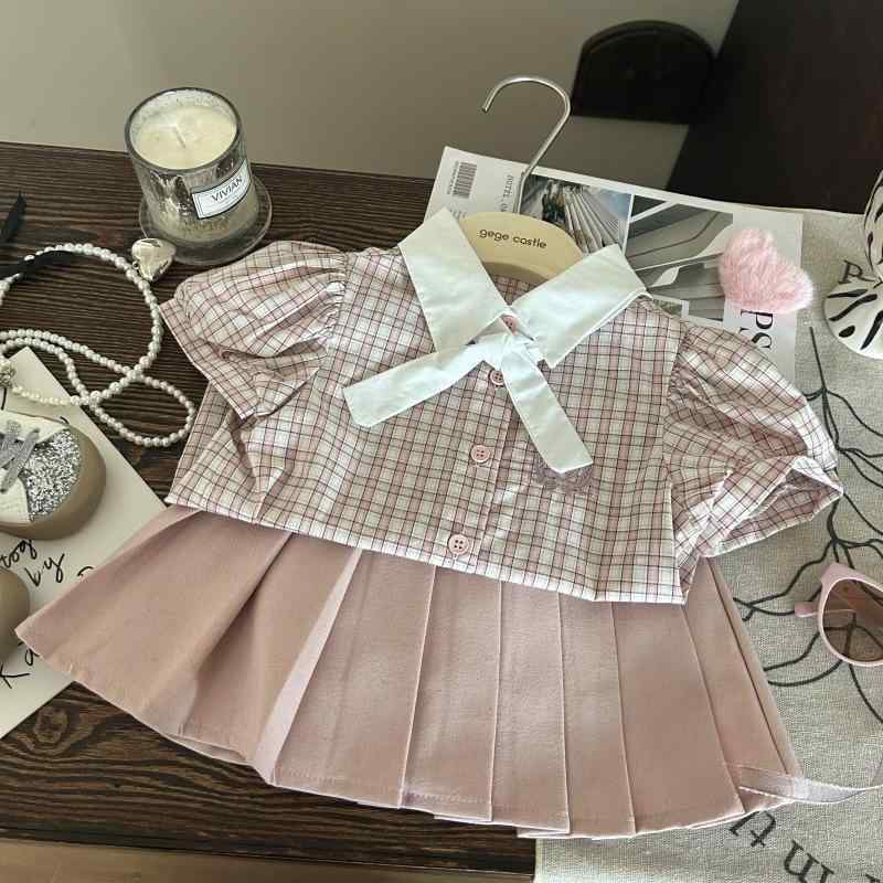 女の子 夏服 学院風 セット ピンク 格子 綿 シャツ 短袖 薄手 柔らかい 生地 ピンク 百褶 スカート 3～8歳 中小童 かわいい 普段使い 通学用 軽量 吸湿 速乾 100～140cm 対応