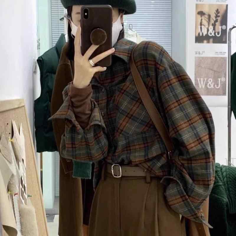 レディース シャツ トップス 復古風 格子柄 長袖 インアシッド レイヤード 切り替え デザイン ポリエステル 再生繊維 免燻加工 ゆったりシルエット スタンドカラー シングルブレスト ボタン 秋冬 イン 緑 イエロー 緑格子 黄色格子 吸湿速乾 軽量