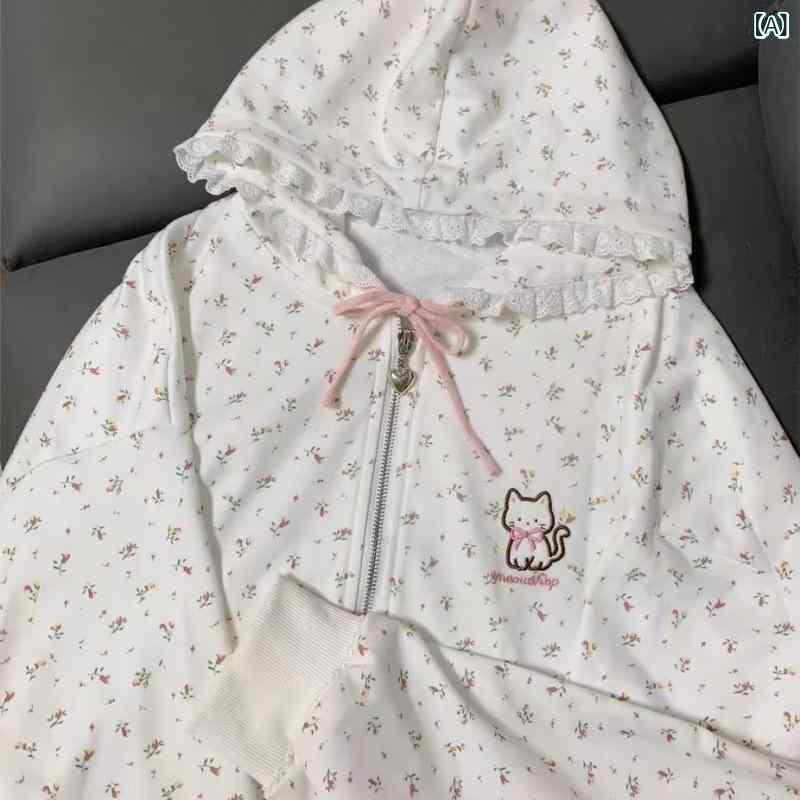 パーカー 女性用 春夏 秋冬 通勤 普段使い 都市 カジュアル かわいい 減齢 猫 刺繍 フラワー柄 コットン 長袖 ゆったり ビッグシルエット フード ジップ プルオーバー 接触冷感 軽量 伸縮性 吸湿速乾 高級感 ブラック ピンク系 アイボリー