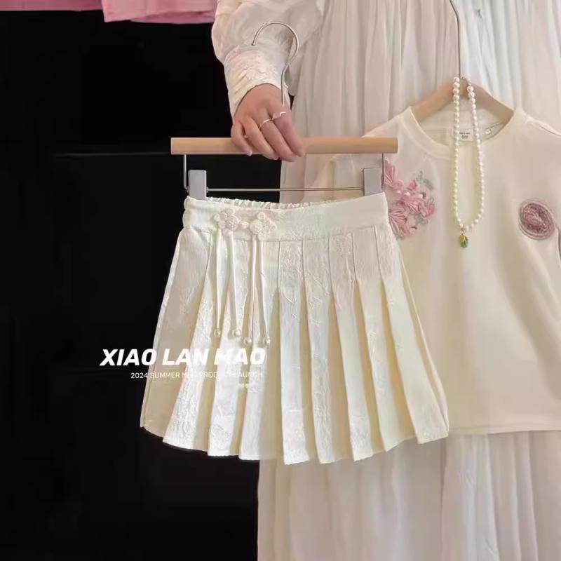 キッズ 女の子 プリンセス風 半身スカート 安全パンツ 付き 百褶スカート Aライン スカート ポリエステル混紡 素材 軽量 伸縮性 あり 純色 デザイン 花柄 吊り下げ アクセサリー 竹葉 ディスク ボタン 黒 色 米白 色 3 ～ 8 歳 対応 プリ