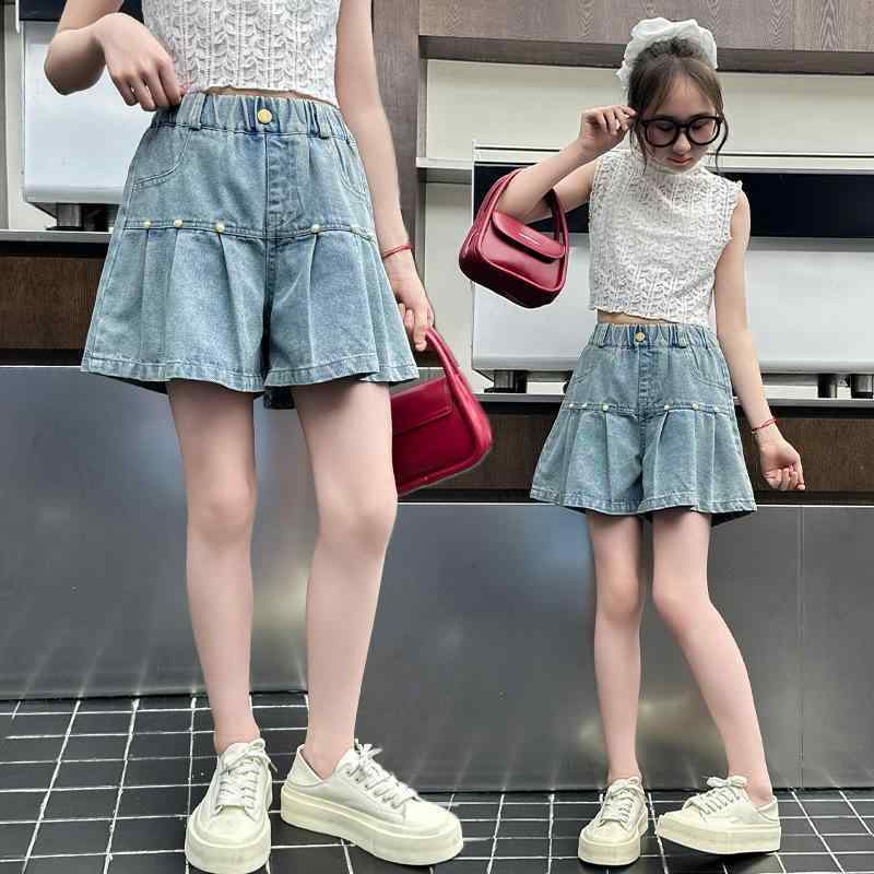 女児 ショートパンツ 夏 コットン デニム かわいい ビーズ デザイン 中腰 伸縮性 柔軟 素材 基本 スタイル 韓風 プリーツ 切り替え ブルー 女の子 中大童 120cm 130cm 140cm 150cm 160cm 170cm 普段使い 軽量 吸