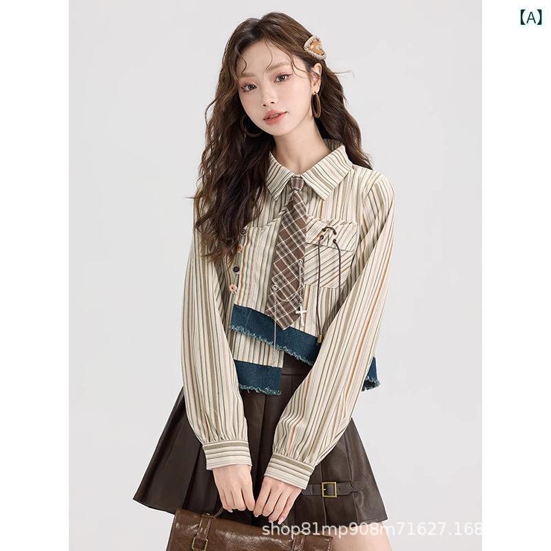 長袖 シャツ 女性 春夏 ストライプ トップス かわいい ポロカラー 切り替え デザイン ブラウン ピンク アクセント ポリエステル コットン 混紡 素材 ゆったり ルーズ フィット 普通 丈 シングル ブレスト ボタン 気質 通勤 スタイル 快適 ビジ