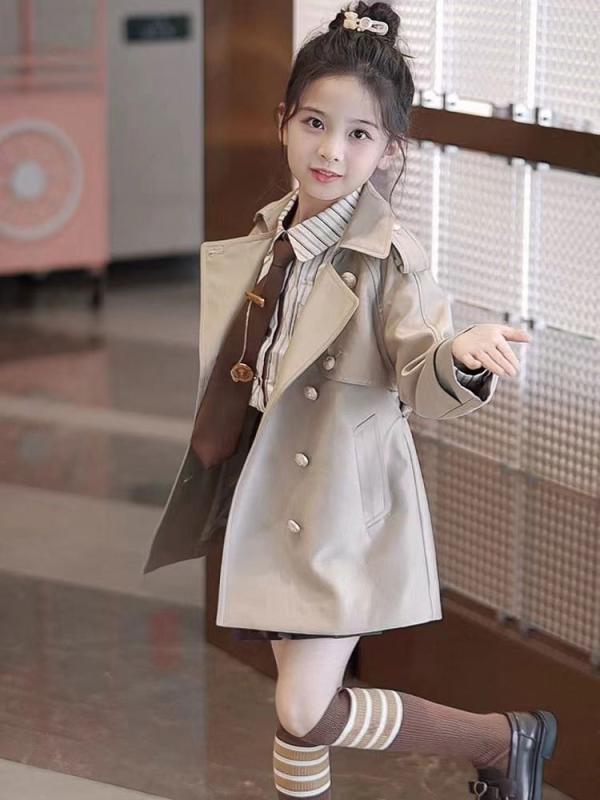 女児 トレンチコート セット 春夏 秋冬 学院風 JK制服 長袖 トップス プリーツスカート 2点セット ポリエステル 綿混 軽量 伸縮性 通学用 学校制服 普段使い 純色 ベーシックカラー 120cm 130cm 140cm 150cm 160cm 1