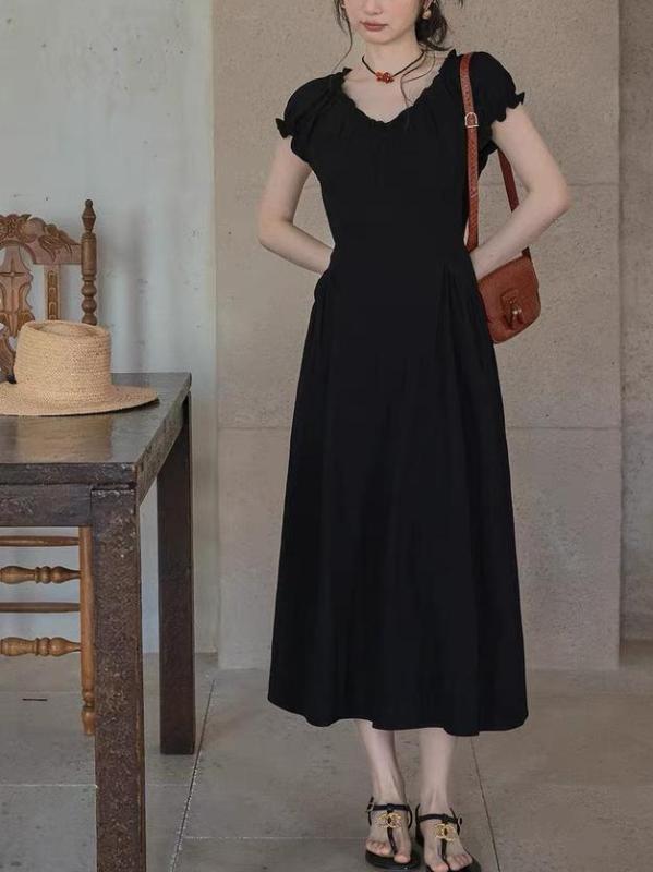 ワンピース レディース 夏 春夏 仲夏青?茶 韓国風 花辺 かわいい 収腰 スリム ボディカバー Vネック 基本款 A字 中長丈 花弁短袖 高腰 切り替え セットオン 涼しい 通勤気質 シンプル 快適 綿ポリエステル 三醋酸 再生繊維 ストレッチ 黒 ラ