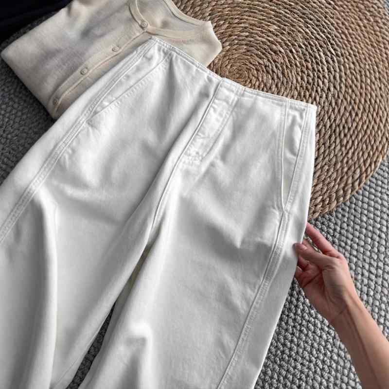 レディース 牛仔パンツ 秋冬 白色 ハイウエスト 九分丈 ワイドレッグ ハーレム シルエット デニム 再生繊維 ポリエステル 微弾性 軽量 伸縮性 スリムライン 日韓カジュアル 普段使い 通勤 ゆったり シルエット シンプル コットン調
