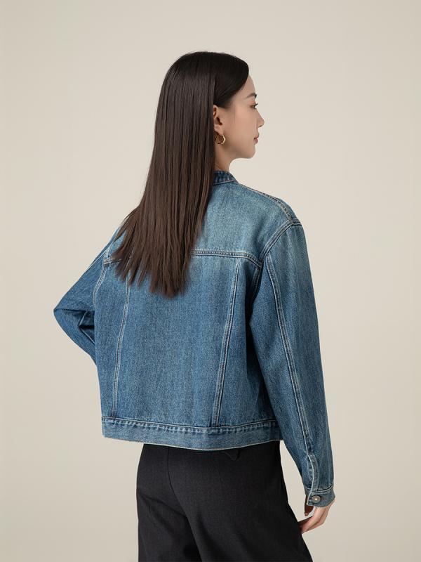 ジャケット 女性用 短丈 スリム デニム コート 落肩袖 ルーズフィット 長袖 秋冬 春 復古 ブルー 洗練 カジュアル トップス 牛仔布 デニム素材 日常使い 軽量 伸縮性 ユニセックス