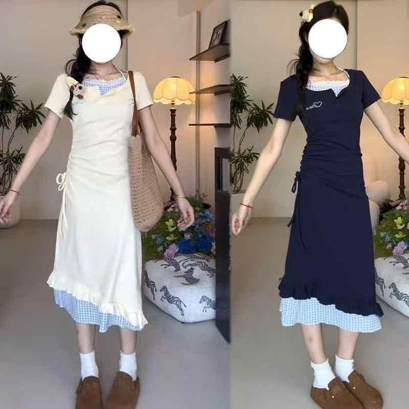 ワンピース レディース 秋夏 韓国風 かわいい 偽ツーピース ハングネック ロングスカート 抽? ウエストシェイプ 七分袖 プリンセススリーブ POLOカラー ミッドレングス イリューションヘム ポリエステル スパンデックス 混紡 ライトウェイト ストレ