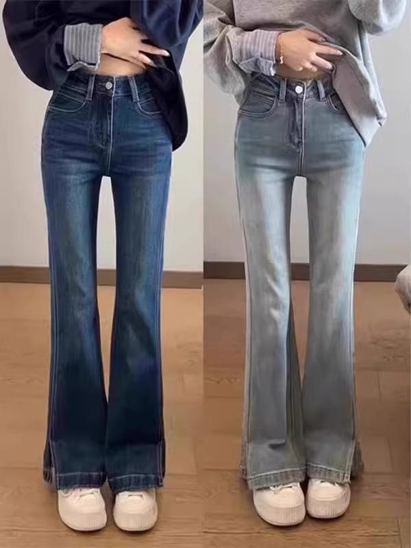 ジーンズ 女性用 秋冬 韓国風 レトロ 高腰 スリム マイクロフレア ストレート ワイドレッグパンツ 綿 ポリエステル 混合 コットン素材 中厚 無弾力 シンプル デイリー デニムパンツ 深色 ライトブルー 長丈 クロップド 日常使い 秋服 ハイウェスト