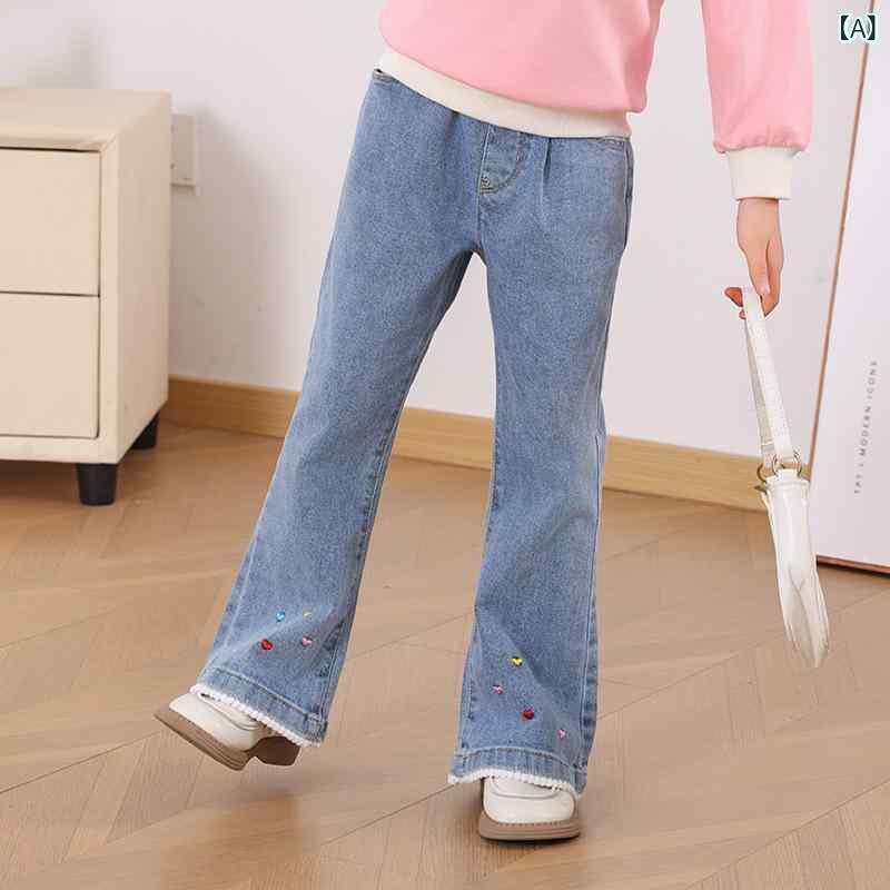 女の子 牛仔パンツ キッズ 女児 デニム 長ズボン 中大童 かわいい 洋気 コットン 素材 純色 ミディアムウエスト 伸縮性 軽量 春秋 秋冬 通学 普段使い 遊び着 ハイウエスト フレア スタイル ラッパー型 柔軟 快適 動きやすい