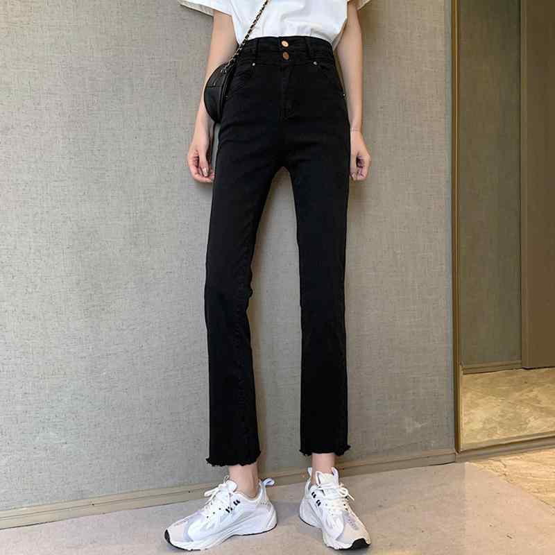 パンツ 女性用 黒 コットン 牛仔 直筒 高腰 九分 修身 喇叭 春夏 通勤 通勤風 気質 快適 ミッドウェイト 微弾性 ポケット 免? 軽量 ストレッチ デイリー ビジネス カジュアル スリム ロングパンツ ハイウエスト ブラック 綿素材 切り替え 吸