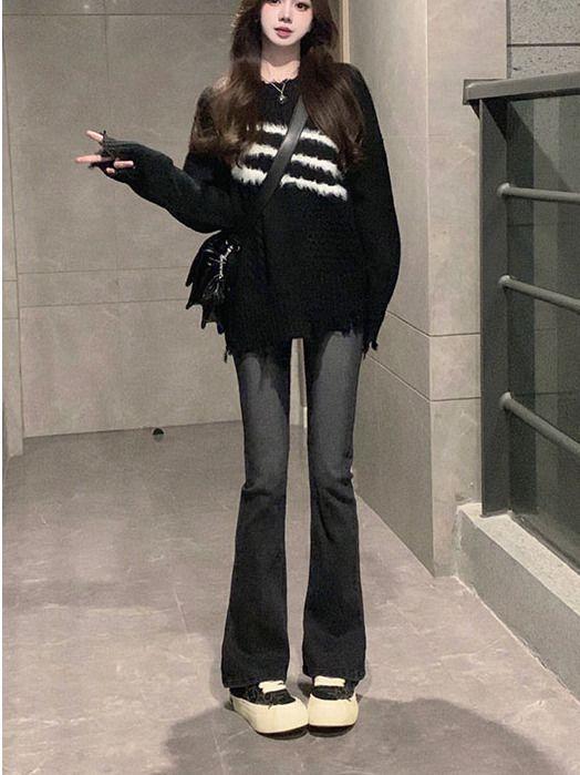 レディース デニムパンツ ハイウエスト 微喇叭 黒灰色 春秋 韓国風 弾力 スリムフィット ロング丈 通勤 普段使い 伸縮性 軽量 デニム素材 切り替えデザイン ビッグシルエット 御姐スタイル 吸湿速乾 再生繊維 秋冬 ウィンター カジュアル
