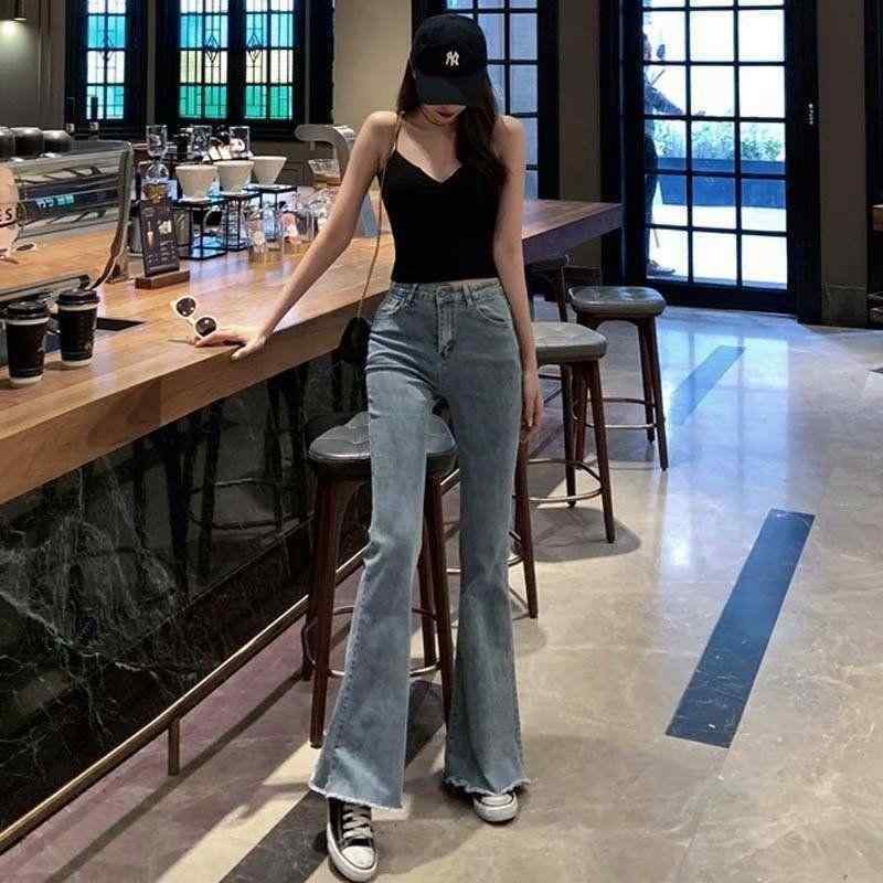 デニムパンツ 女性用 秋 ハイウエスト 伸縮性 コットン ミックス 微弾力 微喇型 ロング丈 ブラック ブルー 復古風 百搭 ワイドレッグ 落ち感 ラッパパンツ 清新 甘め ガールスタイル カジュアル 普段使い 通勤対応 軽量 快適 ミックス素材