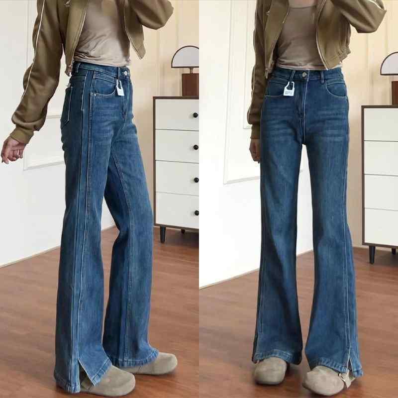 デニムパンツ 女性用 韓国風 高腰 マイクロフレア 夏 ブルー ブラック コットン ストレッチ 砂洗い加工 軽量 快適 ラフスタイル ロング丈 ポケット スリムフィット ウエストシェイプ