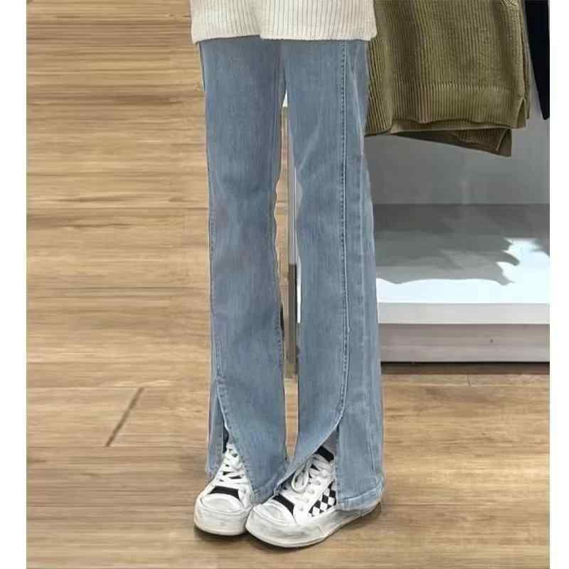 レディース デニムパンツ 秋冬 高腰 微喇型 直筒 ワイドレッグ ロング丈 開き 牛仔布 綿混 ストレッチ 中厚 ビンテージ加工 少女風 黒 紺 ゆったり スリムライン 普段使い 軽量 吸湿速乾 切り替えデザイン 甘めカジュアル