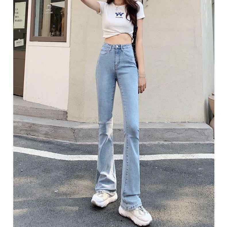 レディース デニムパンツ 微ラッパ 牛仔布 綿素材 ハイウエスト 薄手 軽量 気質 通勤 普段使い 韓版 シンプル ?腿 ロング丈 浅ブルー ブラック 秋冬 切り替え ボタン ノンストレッチ ビッグシルエット スリムフィット ワイドレッグ ローライズ