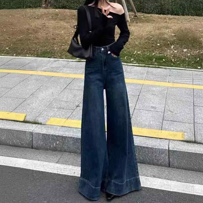 デニムパンツ 女性用 春夏 気質 通勤風 ハイウエスト ワイドレッグ ミディブルー ミディアム厚 コットン混 微弾性 軽量 伸縮性 切り替え ボタン ゆったり スリム ロング丈 普段使い ライトブルー インディゴブルー 洗い加工 免・聞 膝下丈 脚長効果