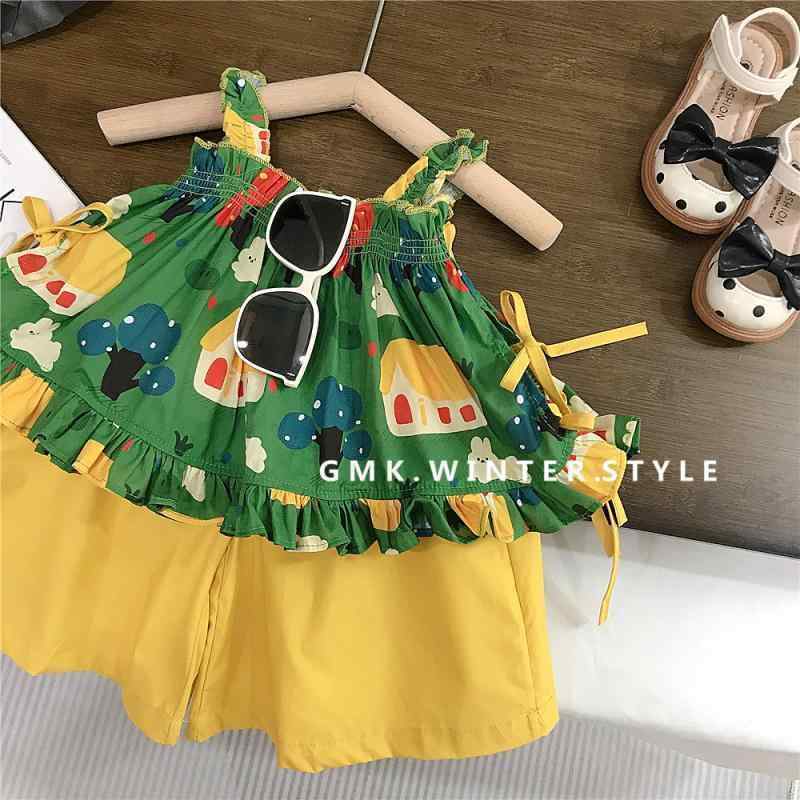 女児 春夏 吊り帯 ワンピース セット 女の子 綿 素材 柔らか かわいい キャンプ柄 無袖 七分 クロップドパンツ ビーチ バケーション 韓風 スタイル 3-8歳 中小児 90-140cm 通気性 軽量 日常 遊び着 外出 コーディネート トップス ボ
