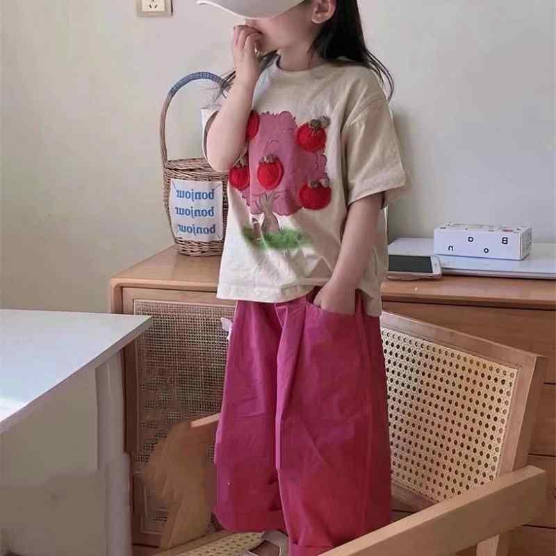 女児 女の子 キッズ 子供服 セットアップ 夏 春夏 短袖 Tシャツ トップス 七分丈 パンツ 綿100 コットン 素材 普通厚 軽量 快適 吸湿 速乾 立体 アップル プリント ステッチ デザイン かわいい 立体 アップル プリント ステッチ デザイン