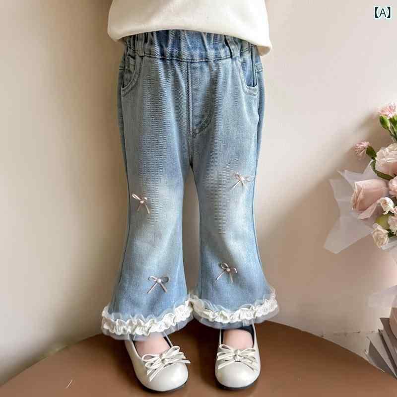 女児 牛仔パンツ キッズ 女の子 春 春秋 コットン デニム 伸縮性 ミッドライズ ラッパーパンツ 蕾絲 リボン 蝶結び 韓国風 ファッション スタイリッシュ カジュアル 日常使い 軽量 快適 かわいい トレンド 子ども服 長ズボン 3～8歳