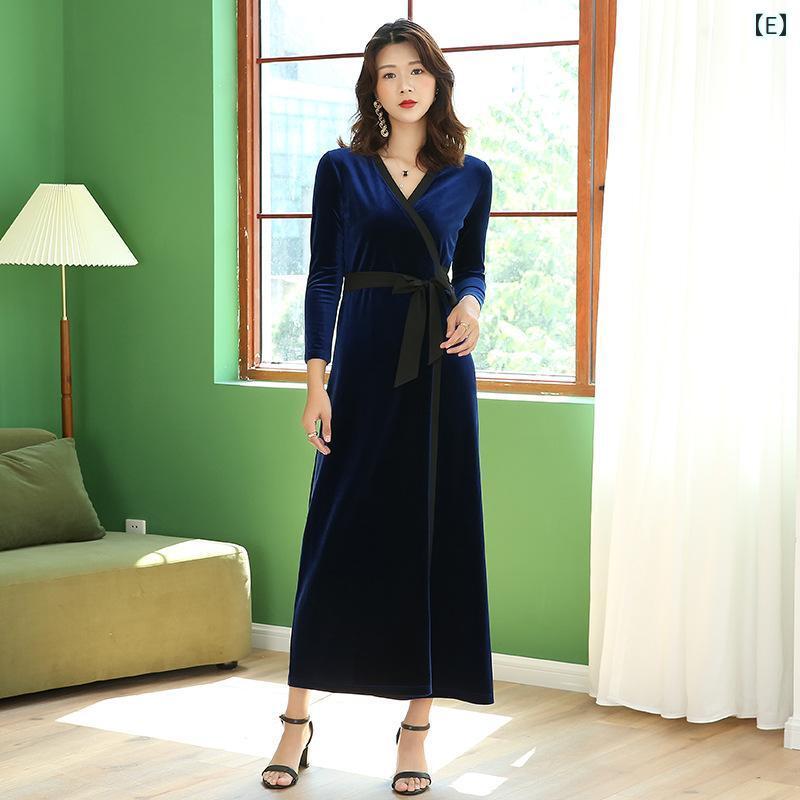 ワンピース 女性用 秋冬 長袖 Vネック ハイウエスト 長丈 一?スカート 韓国ベルベット 切り替え ピンク グリーン ブラウン ブラック ブルー ワインレッド グレイパープル 都市風 通勤 気質 修身 スリム 暖か 柔らかい 高級感