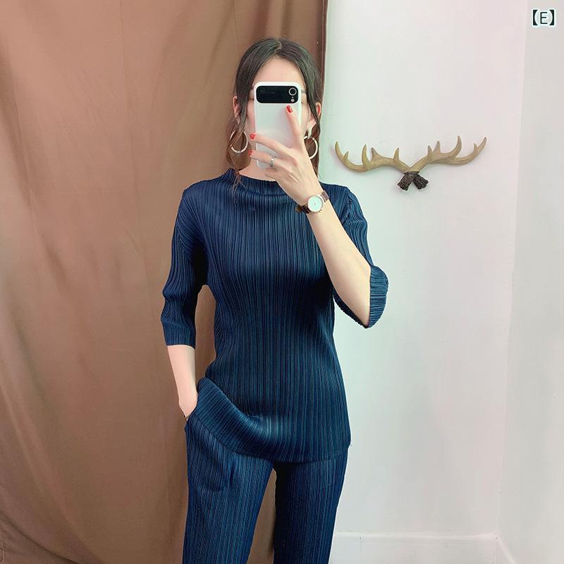 Tシャツ 女性用 トップス ブラウス ワンピース風 立領 七分袖 プレーツ 加工 ポリエステル 100% 接触冷感 伸縮性 軽量 ゆったり シルエット ビッグサイズ ワイド フィット OL 通勤 スタイル 普段使い 気質 デザイン ブラック グレー オレ