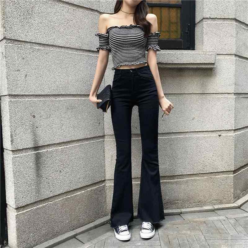 デニムパンツ 女性用 高腰 マイクロフレア ロングパンツ コットン混 ポリエステル混 伸縮性 ミディアム厚 ヴィンテージ加工 ブラック 通勤スタイル 気質 セクシー 免?処理 細見え フィット感 普段使い
