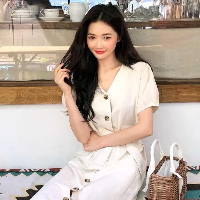 ワンピース 女性用 夏 春夏 ミディ丈 Aライン ハイウエスト Vネック 短袖 肩紐 切り替え 綿麻 ポリエステル PVC 無鉄 白色 気質 通勤 ユニセックス ゆったり ウエストベルト スリムライン フレアスカート 軽量 吸湿速乾 接触冷感 日常使い