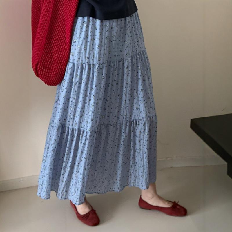 半身スカート 女性用 夏 春夏 コットン混 接触冷感 フレアスカート 中長丈 Aライン ハイウエスト スリム効果 プリント柄 立体パターン ブルー ブラック 軽量 ノーアイロン 涼感 日常使い 淑女スタイル 私服 洗濯簡単