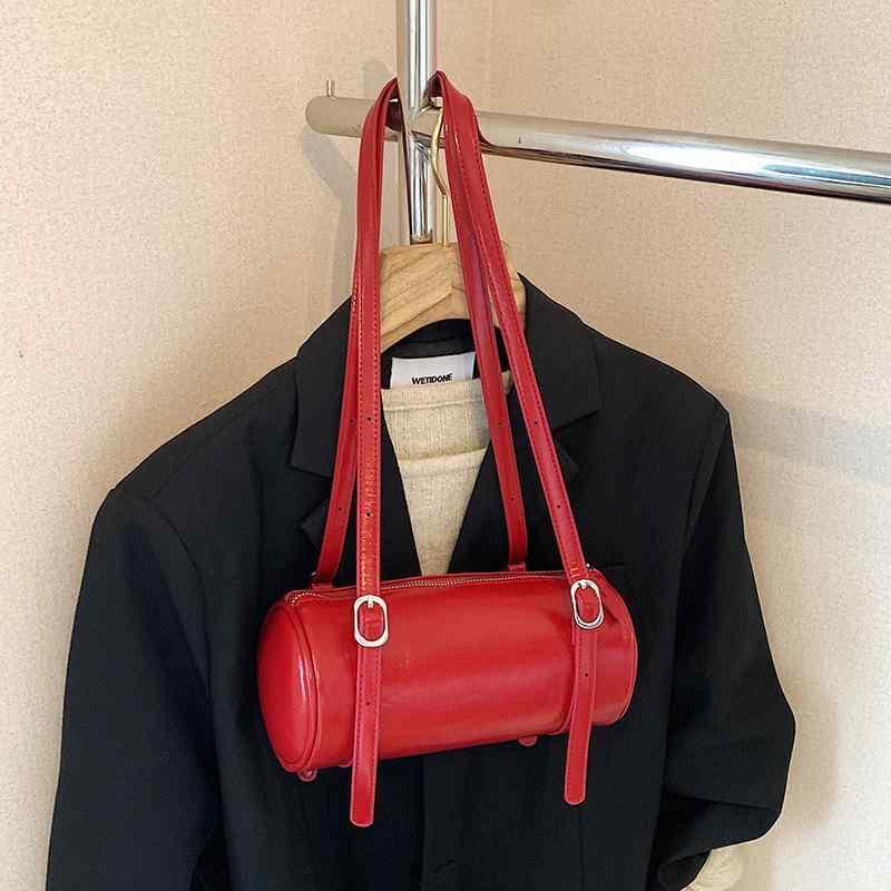 ショルダーバッグ メンズ 女性用 筒型 ピロー 手提げ 韓国風 ファッション 腋下 ストリート トレンド ソフト PU素材 赤 黒 ピンク ホワイト ステッチ デザイン ポリエステル裏地 ジッパー開閉 ソフト構造 シングルストラップ 日常使い コンパクト