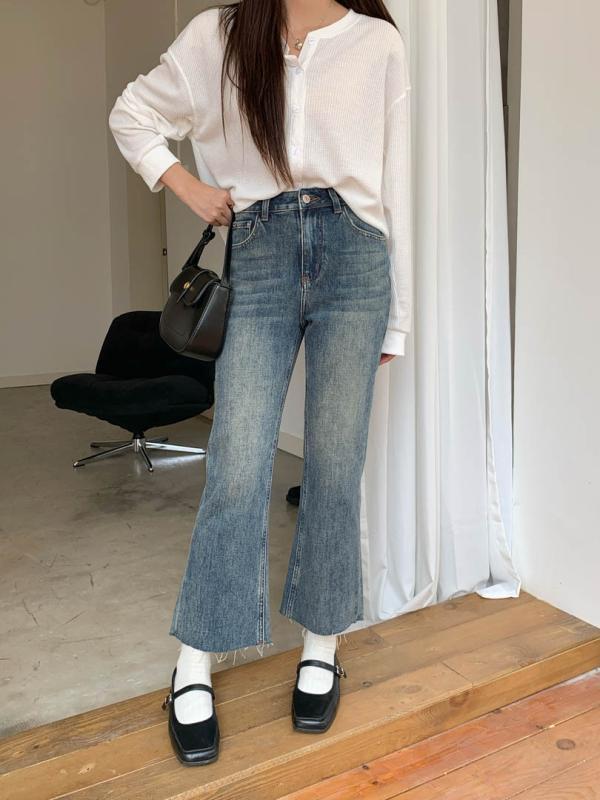 牛仔パンツ 女性用 韓国風 かわいい高腰 九分丈 スリムフィット 軽量ストレッチ デニム素材 ミディアム厚 ヴィンテージブルー ゆったりカジュアル ハイウエスト 微喇 修身シルエット 快適レジャー 日常使い 秋冬コーデ 吸湿速乾 再生繊維混