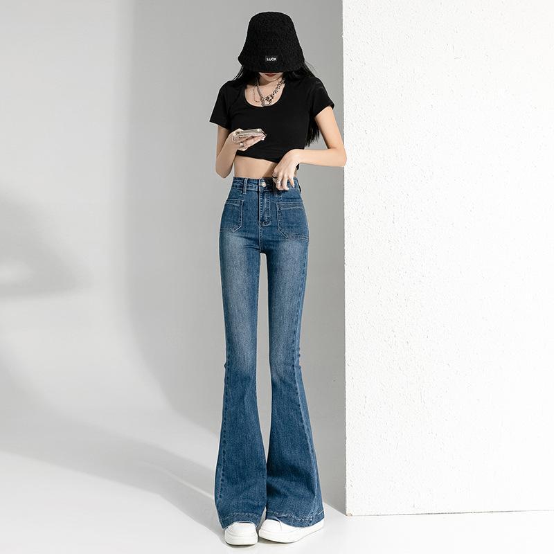 パンツ 女性用 デニム コットン ハイウエスト 修身 ミディアムフレア ロング丈 ヒップアップ ポケット ブルー ブラックグレー ミディアムストレッチ 快適カジュアル 個性デザイン 秋冬 普段使い 軽量 通勤 通学
