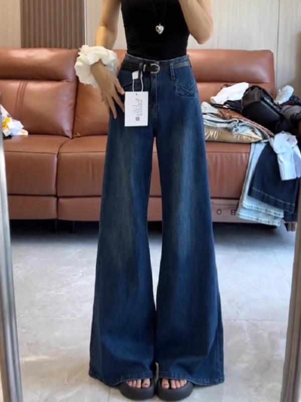 デニムパンツ 女性用 秋冬 高腰 すっきりシルエット 微喇 ワイドレッグ ロング丈 綿 再生繊維 中厚 微弾性 洗い加工 ヴィンテージ風 芸術的レトロ ダークブルー デニム生地 普段使い 通勤 軽量 伸縮性 ハイウエスト ビッグシルエット